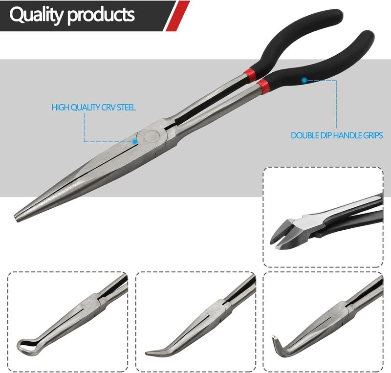 MFBJXC 5-Piece 11" Extra Long Needle Nose Pliers Set with Insulated Comfort Grip, Straight Long Reach Plier, 45/90°Bent Nose Pliers,O-shaped nose plier,Diagonal Plier for Bending Shaping Trimming - Image 3